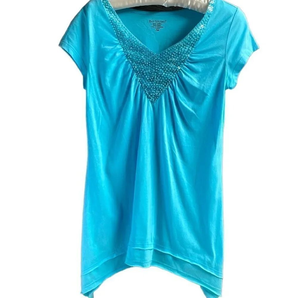Bay Studio Ladies Sequined Top , Size Petite Medium, Blue